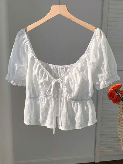 Comfortcana Camisa de verano casual de mujer con unicolor y bordado con lazo