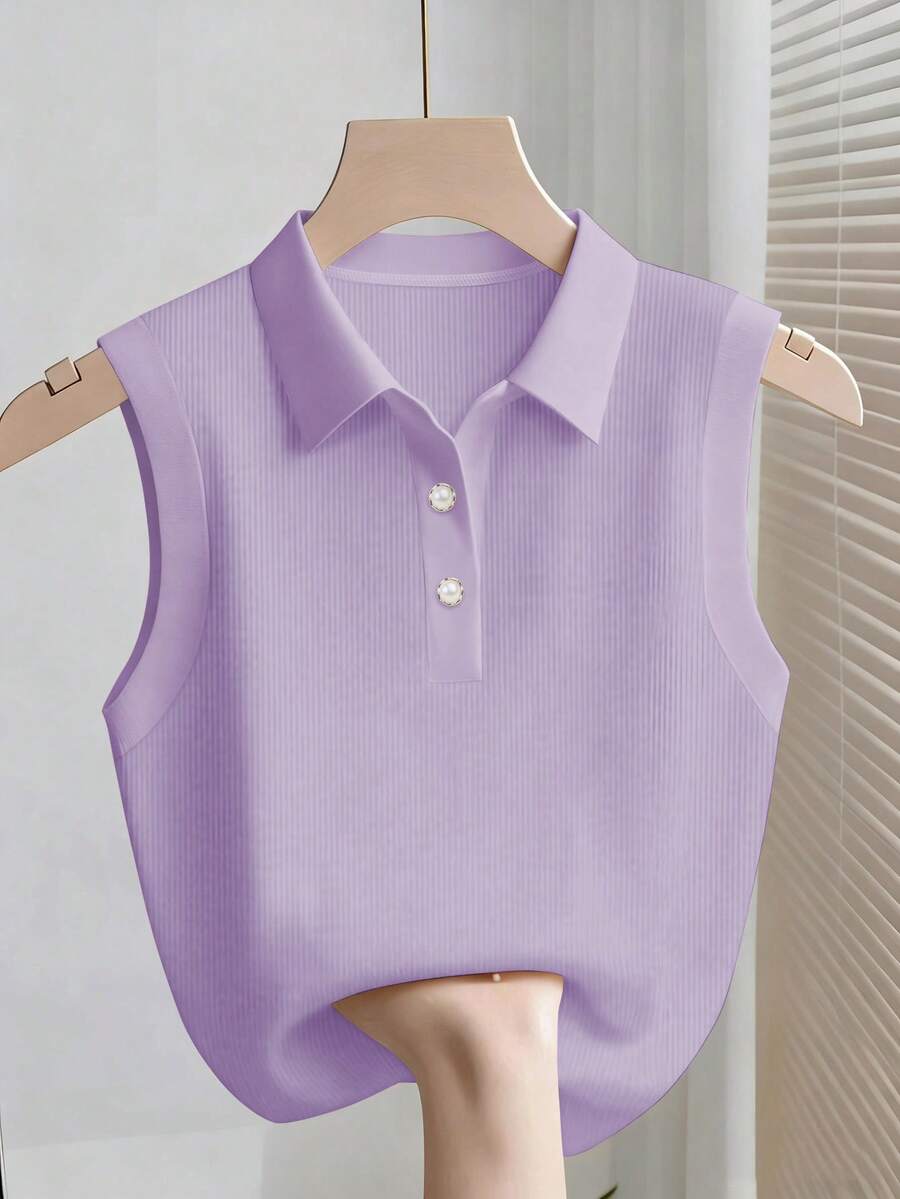 SHEIN Franclia 女士时尚纯色半拉链休闲罗纹优雅无袖背心 - 紫色 - 查看 1