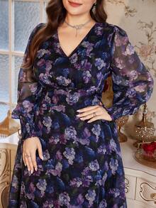 Reflora Đầm cỡ lớn dành cho nữ, in họa tiết hoa, phối lưới, màu tím, thanh lịch. - Nhiều màu - Xem 2