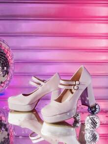 CUCCOO LuxiPop Women's Thick Sole Buckle Design Fashionable Elegant High Heels Valentine's Day - Baby Pink - View 3