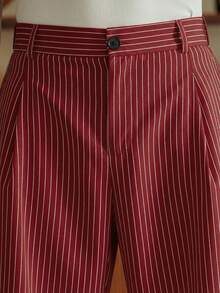 SWAVVY Business Commuting Men's Bright Red Striped Woven Fabric Long Wide Leg Pants Featuring Zipper Closure Pleated Pants - Bright Red - View 6