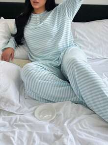 Dazy Plus 两件套休闲条纹宽松长袖上衣和长裤睡衣套装，舒适家居服 - 藍色 - 查看 4
