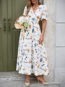 Isle Nomé Women's White And Blue Floral Summer Elegant Tea Party Holiday V-Neck Short Sleeve Waist Gathered A-Line Hem Printed Dress Retro Minimalist High-End - White - View 5