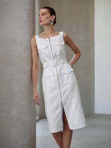 MOTF PREMIUM WOMEN'S LINEN-FEEL FITTED MID-LENGTH DRESS, SPRING/SUMMER - White - View 2