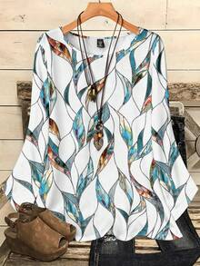 Mellowie Plus Size Women's Abstract Leaf & Geometric Print Casual Loose Fit Round Neck 3/4 Sleeve Blouse, Suitable For Vacation, Spring/Summer Spring - Multicolor - View 1