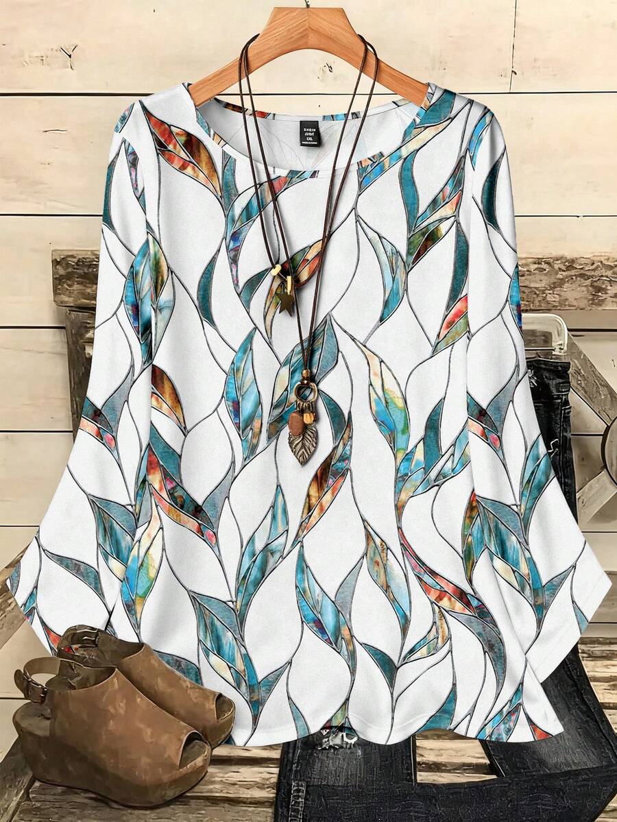 Mellowie Plus Size Women's Abstract Leaf & Geometric Print Casual Loose Fit Round Neck 3/4 Sleeve Blouse, Suitable For Vacation, Spring/Summer Spring - Multicolor - View 1