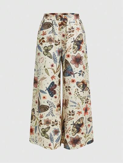 Fairycore Pantalones anchos de cintura elástica con estampado de mariposas y flores, versátiles y casuales, aptos para uso diario
