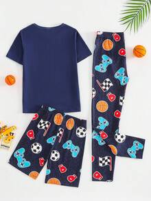 3pcs/Set Boys' Snug Fit Video Game, Flag, Basketball Graphic Print Short Sleeve T-Shirt, Shorts And Pants Loungewear Set, Comfortable Fabric Suitable For Cool Gamers And Sports Lovers - Navy Blue - View 2