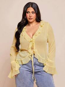 SHEIN BAE Blusa de gasa elegante con volantes para mujer de talla grande, adecuada para primavera, vacaciones, fiestas, citas - Amarillo - Ver 4