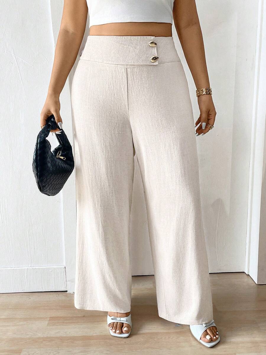 Lounesse Quần ống rộng màu trơn cài cúc dành cho nữ cỡ lớn, kiểu dáng thường ngày, đa năng. - Màu be - Xem 1