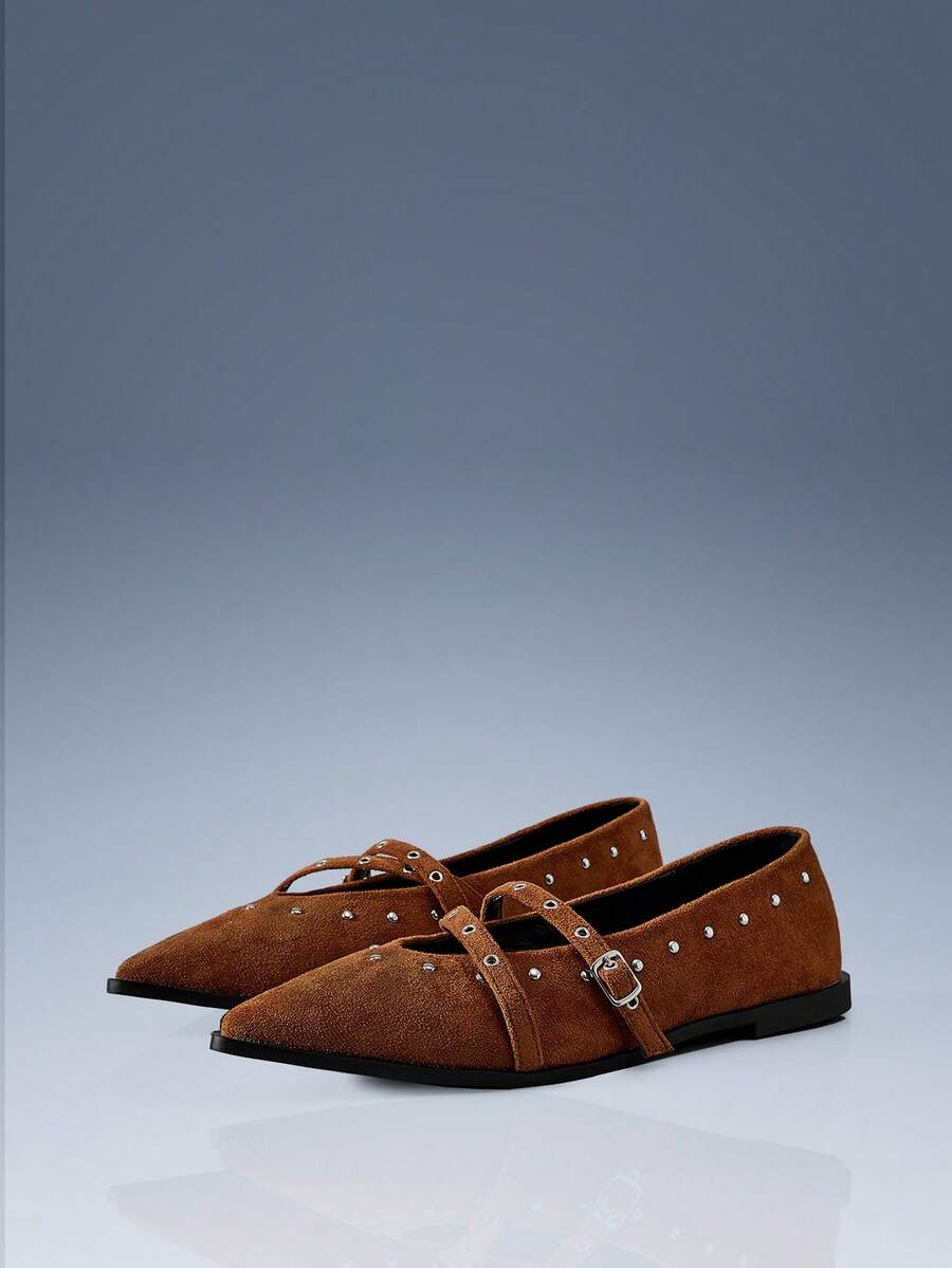 CUCCOO GRLICON Zapatos planos con puntera puntiaguda y decoración de remaches para mujer - Marrón - Ver 1