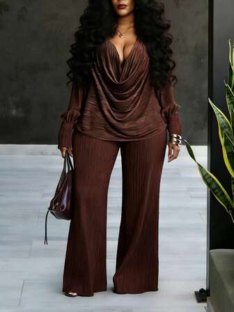 Slaydiva 2025秋冬大码女装两件套，宽松深V领长袖衬衫搭配阔腿裤，优雅服饰，适合乡村音乐会、婚礼宾客、约会之夜、派对等场合，性感舒适。