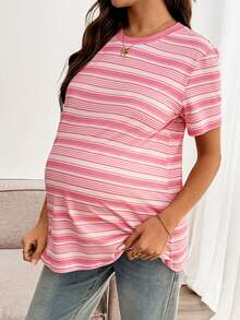 SHEIN 夏季孕妇休闲条纹圆领短袖T恤 - 粉色 - 查看 6