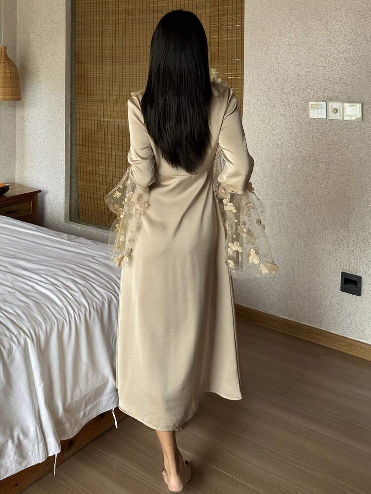 3D Floral Lace Patchwork Tie Front Cardigan, Suitable For Summer & Autumn Women Sleepwear & Loungewear