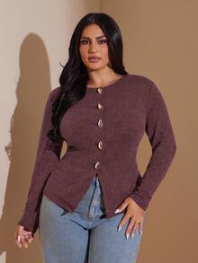SHEIN BAE Blusa básica de manga larga con decoración de botones metálicos para mujer de talla grande - Burdeos - Ver 2