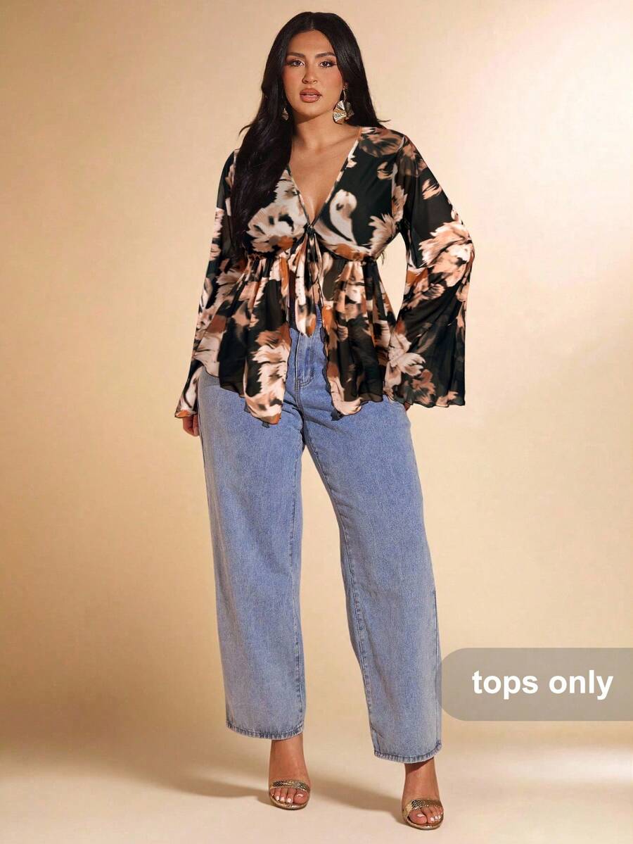 SHEIN BAE 大码女式花卉印花网眼喇叭袖上衣，春夏 - 卡其色 - 查看 1