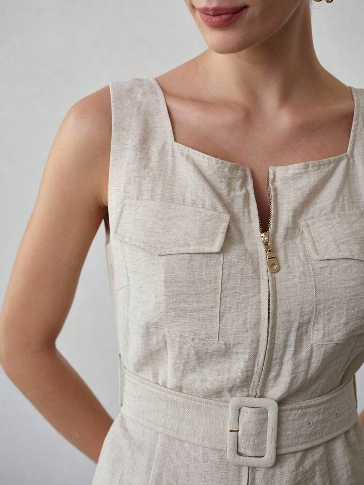 WOMEN'S LINEN SLEEVELESS CROPPED TOP WITH POCKETS, SPRING/SUMMER
