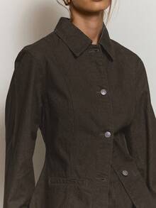 MUSERA 修身长袖翻领牛仔外套，夏季度假休闲可爱优雅酷女孩办公室上衣，适合女性秋季、冬季日常穿着，时尚百搭。 - 咖啡棕 - 查看 2