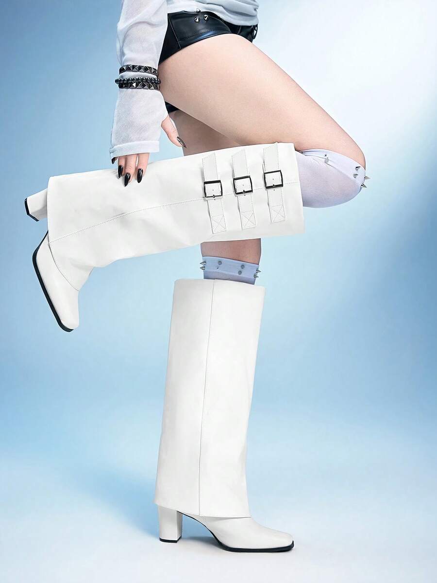 Sugerpunk 女士时尚通勤高跟搭扣踝靴 - 白色 - 查看 1