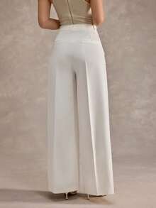 CLARA VERO White Pearl And Rhinestone Embellished Wide Leg Pants: Loose Fit, Ideal For Special Occasions Or Daywear, Made From Non-Elastic Polyester Fabric With Double Front Pleats, High Waist And Elegant Beaded Hem Details - White - View 2