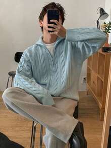 DAZY 男士纯色拉链半开襟插肩袖毛衣，秋季四分之一拉链男款 - 淺藍色 - 查看 5