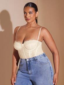 SHEIN BAE Women's Elegant Lace Patchwork Beige Corset Top Bodysuit,Spaghetti Strap Summer Beach Vacation Wedding Guest Night Out Club Outfit Plus Size Clothing - Apricot - View 4