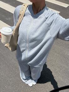 Muchica 大码女式插肩袖拉链连帽衫和阔腿裤休闲两件套 - 灰色 - 查看 3