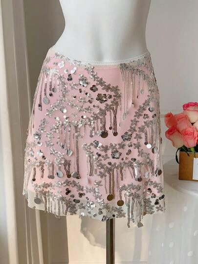 Comfortcana 2026 New Arrive Spring/Summer Women's Sequin Fashionable Versatile Mesh Party Mini Skirt Sequin Skirt Pink Skirt Vacation Outfits Women Beach Outfits For Women Weddings & Events  Spring Outfit Women Party Skirt