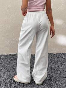 Coolane Kids Tween Girls Summer/Spring Minimalist Boho Vacation Casual Basic Daily Wear Linen Comfortable Low Rise Baggy White Pants, Linen Pants,Beach,Vacation, Girl Wide Leg Pants, Summer Pants,Kidsfashion,Girlsoutfitideas,Tweenstyle - White - View 5
