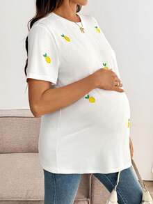 SHEIN 孕妇休闲柠檬刺绣短袖T恤，夏季 - 白色 - 查看 5