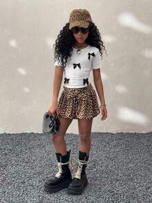 Coolane Kids 少女春夏两件套，白色上衣配黑色蝴蝶结+豹纹泡泡裙，适合返校季和返校节穿着。 - 黑色 - 查看 5