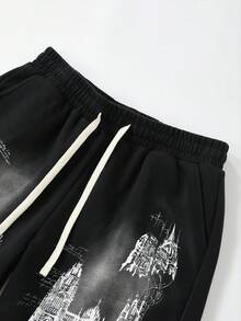 ROMWE MEN 男士街头涂鸦深色印花短裤 - 黑色 - 查看 2