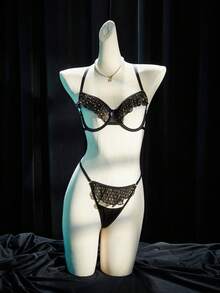 SpicyHot 2pcs Sexy Pleated Polka Dot Hollow-Out Underwire Top And G-String Set - Black - View 1