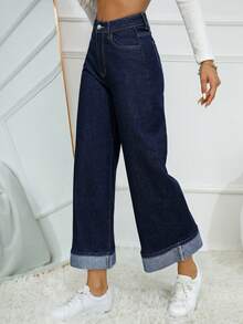 SHEIN Essnce Women's Navy Blue Straight Leg Jeans With Belt Loops, Fashionable & Versatile - Dark Wash - View 5