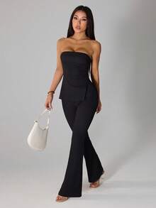 SHEIN PETITE Women's Solid Color Bandeau Top With Slit Design And Flare Pants, Fashionable Outfit For Daily Commute And Outings - Black - View 3