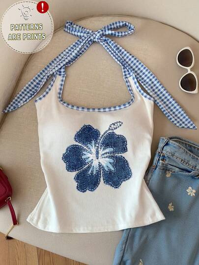 Resyla Summer Casual Plaid Patchwork Floral Print Halter Top