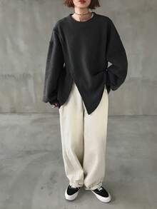 FRIFUL Kaos Wanita Kasual Polos Longgar dengan Belahan - Dark Grey - View 7