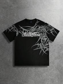 ROMWE MEN Street Life Áo thun nam tay ngắn cổ tròn in họa tiết toàn thân, kiểu dáng thường ngày, thích hợp mặc hàng ngày. - màu đen - Xem 1