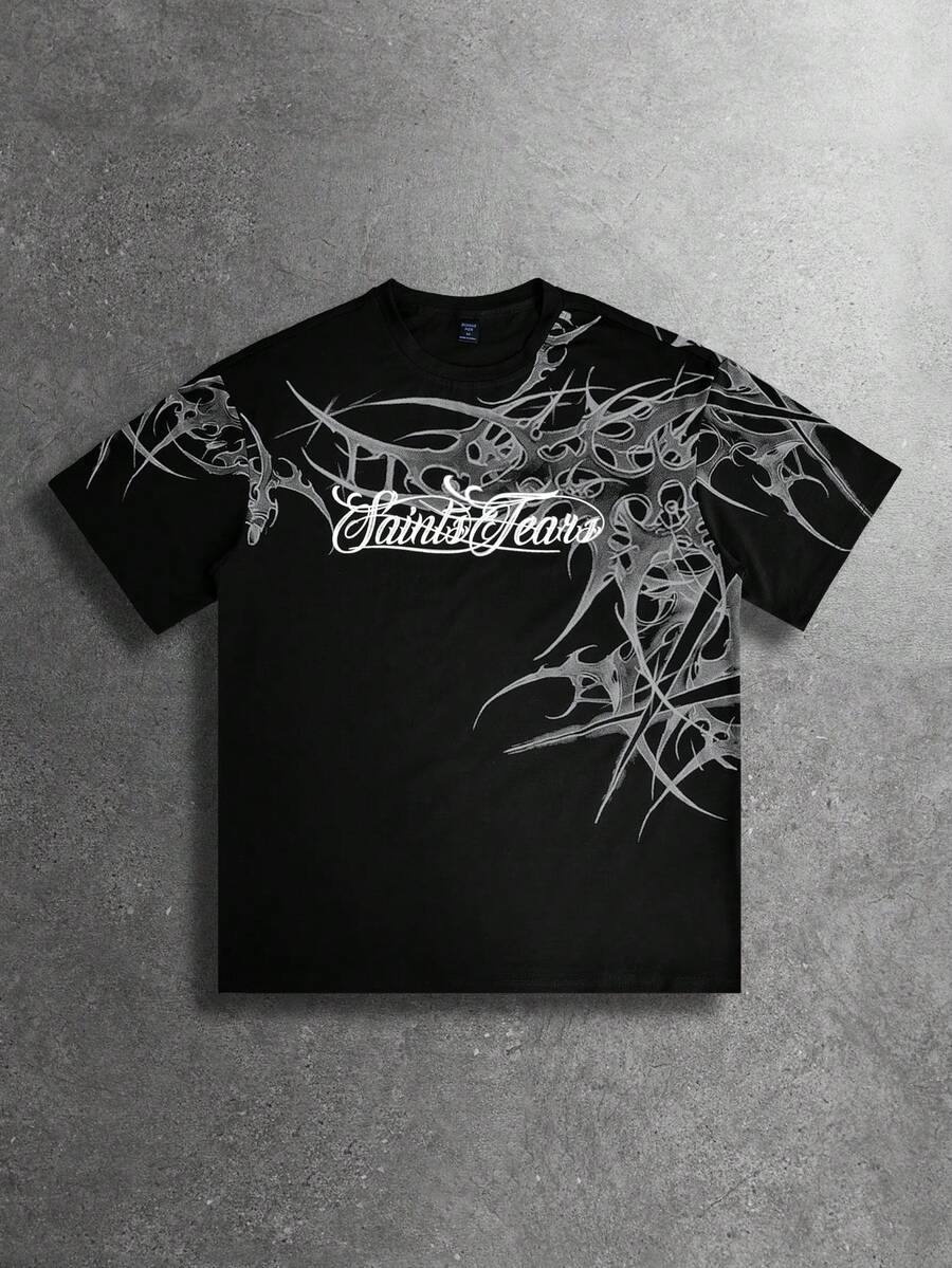 ROMWE MEN Street Life Áo thun nam tay ngắn cổ tròn in họa tiết toàn thân, kiểu dáng thường ngày, thích hợp mặc hàng ngày. - màu đen - Xem 1