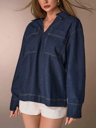 Avantive V领口袋长袖休闲宽松蓝色牛仔上衣，适合秋冬季、圣诞节、新年、外出、毕业舞会、优雅正式、奢华时尚、商务休闲、生日、办公室着装、乡村音乐会、俱乐部着装、性感西部风、工作服、街头服饰、复古风、节日、锐舞派对、夏威夷、机场、趣味基础款早午餐着装、2000年代风格、紧身款、老钱风格、教堂、返校节、优雅派对、端庄约会之夜、休闲女装等场合。