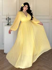 Vibekara 大码女士优雅公主宫廷风褶皱荷叶袖A字度假婚礼伴娘礼服，纯黄色 - 黃色 - 查看 4