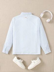 Casuvi Kids 1pc Blue & White Striped Casual Shirt For Teenagers (Boys), With Delicate CA Embroidered Pattern On Chest, Fashionable Woven Label On Back, Suitable For School, Commute, Weekend Gatherings, And Casual Lifestyle Boys Striped Shirt Royal Blue And White Boys Shirt Boys Preppy Tops - Blue and White - View 4