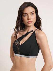 Hourtrue Brasier de mujer sexy con hombros descubiertos y parches de encaje - Negro - Ver 6