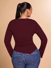 SHEIN BAE Plus Size Women Autumn Knit Long Sleeve Ruched Asymmetric Hem Top - Burgundy - View 2