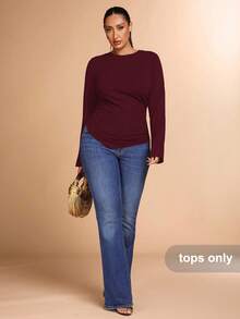 SHEIN BAE Plus Size Women Autumn Knit Long Sleeve Ruched Asymmetric Hem Top - Burgundy - View 5