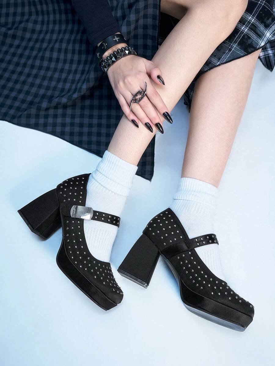 Sugerpunk Spring/Summer New Women Platform Thick Sole Waterproof High Heel Close Toe Mary Jane Strap Hook And Loop High Heels Black Pumps Spring Shoes Spring Break Easter Prom Heels Valentine's Day - Black - View 1