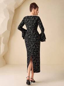 Modelyn Đầm midi nữ màu đen dệt kim in kỹ thuật số, tay loe, ôm eo, kiểu dáng thanh lịch, thích hợp cho mùa xuân/hè. - màu đen - Xem 2