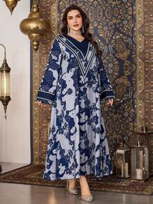 Al Najma Abito lungo in stile arabo elegante con stampa, a maniche lunghe, in tessuto lavorato, per donna taglia comoda, primavera/estate - Blu - Visualizzare 1