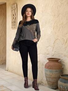EMERY ROSE Kaos Ukuran Besar Kerah Bulat Lengan Raglan Motif Leopard Patchwork/Musim Panas/Musim Semi/Liburan - Grey - View 4