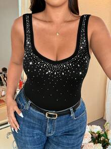 Vionelle Áo tank top thời trang ôm dáng cổ tròn đính đá lấp lánh cỡ lớn - màu đen - Xem 3